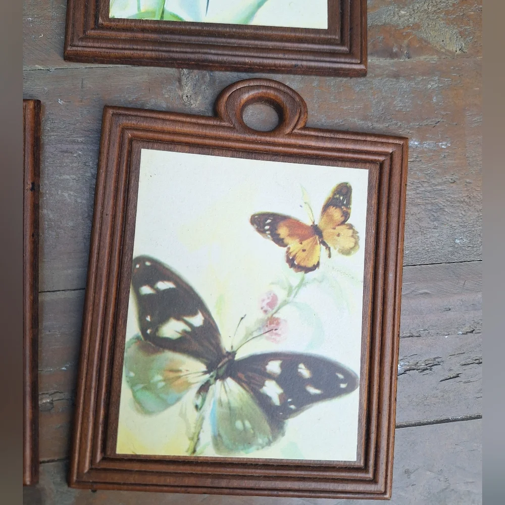 Vintage Wooden Wall Hanging Butterfly Decor Set of 4 Wood Watercolor Prints